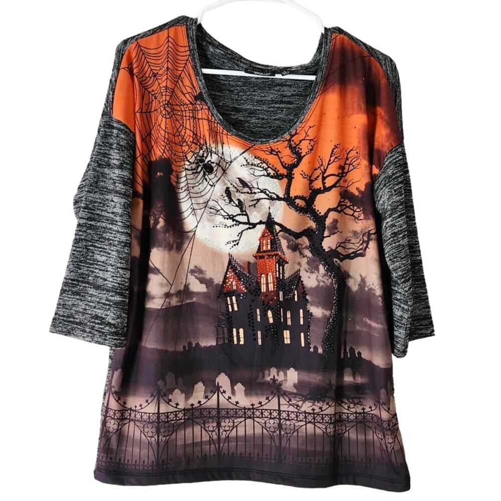 Onque Casuals Halloween‎ Top Haunted House Embellished Knit Gray Size Large